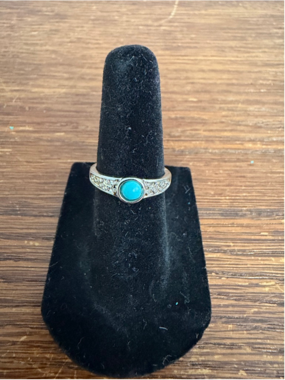 Dainty Turquoise Ring Size 5 Silver Tone CZ Accent Minimalist Stackable Ring